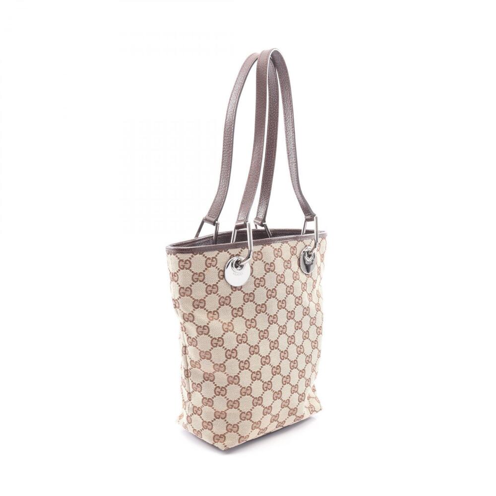Gucci Bag Beige GG Brown Leather Canvas Tote Tan Brown